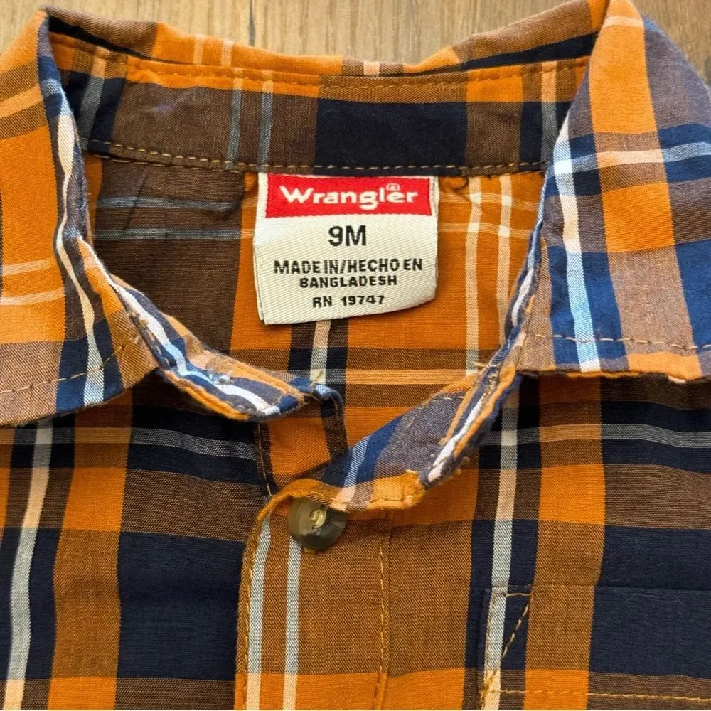 Wrangler Infant Orange & Blue Plaid Bodysuit Onsie Size 9 month